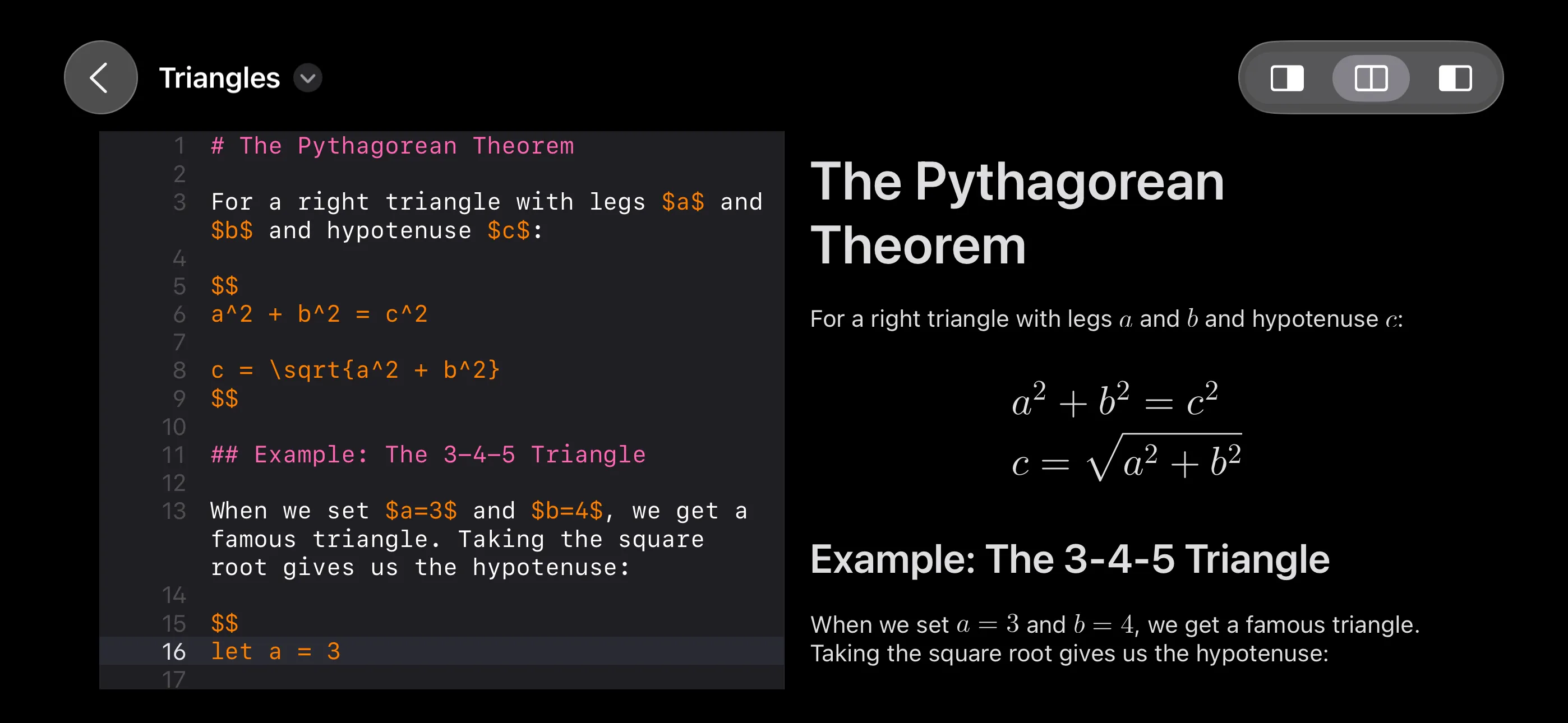 MathDown Landscape Screenshot Dark